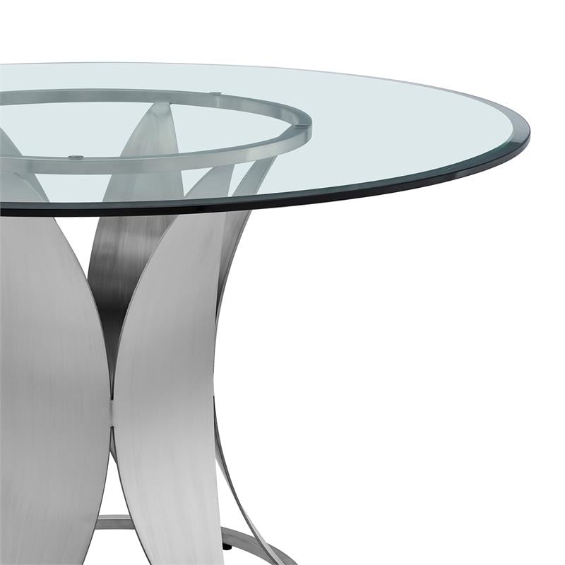 Armen Living Petal Round Stainless Steel/Glass Dining Table in Chrome/Clear