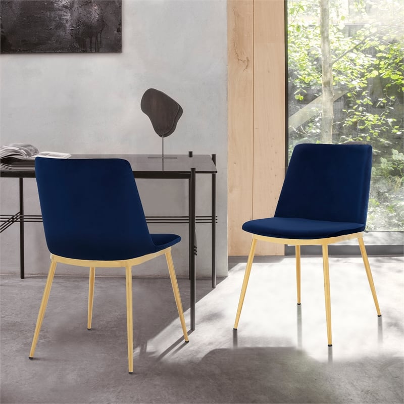 Armen Living Messina Velvet/Metal Dining Room Chairs in Blue/Gold (Set of 2)