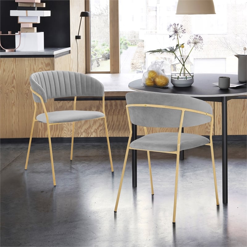 Armen Living Nara Velvet/Metal Dining Room Chairs in Gray/Gold (Set of 2)