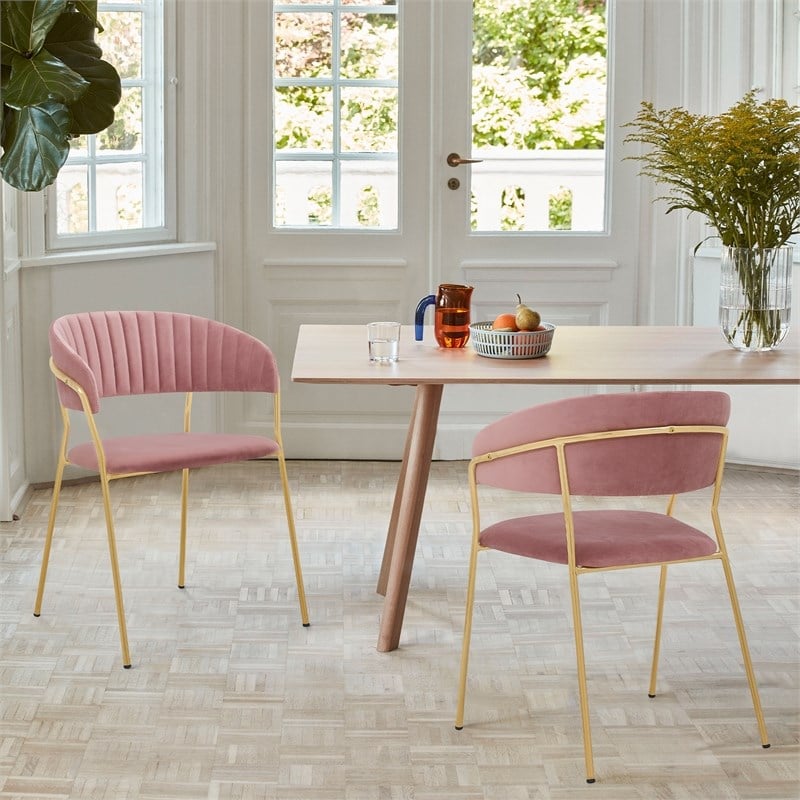 Armen Living Nara Velvet/Metal Dining Room Chairs in Pink/Gold (Set of 2)