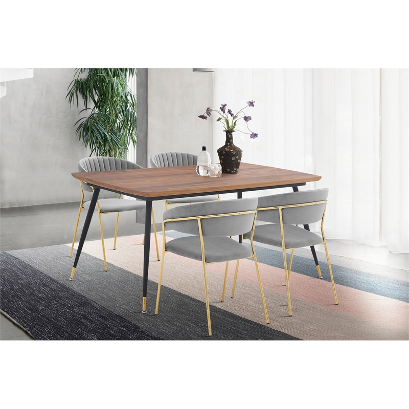 Armen Living Messina and Nara 5-Piece Modern Velvet Dining Set in Gray/Walnut