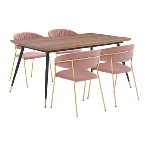 Armen Living Messina and Nara 5-Piece Modern Velvet Dining Set in Pink/Walnut
