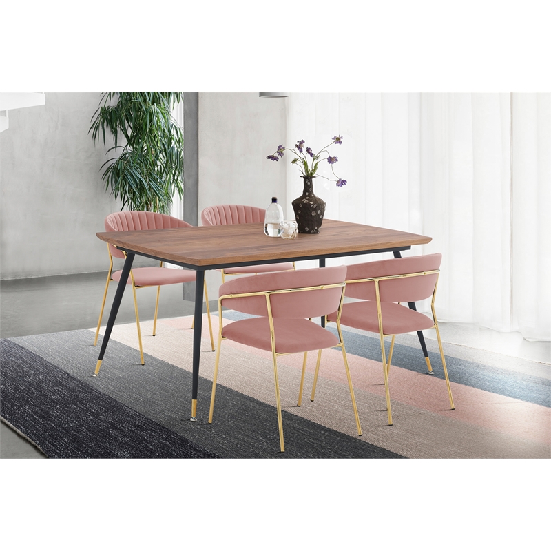 Armen Living Messina and Nara 5-Piece Modern Velvet Dining Set in Pink/Walnut