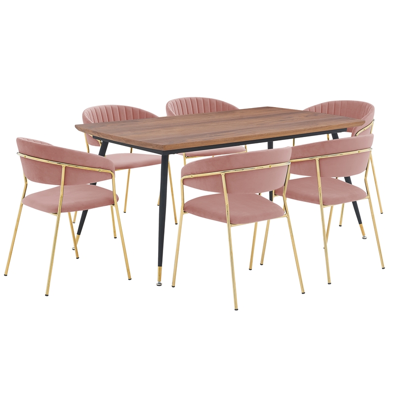 Armen Living Messina and Nara 7-Piece Modern Velvet Dining Set in Pink/Walnut