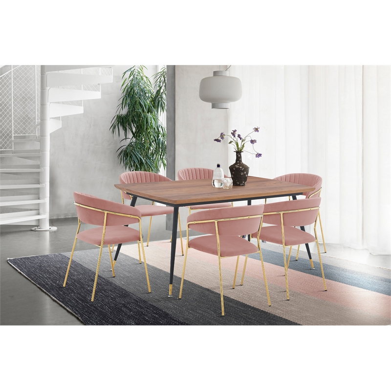 Armen Living Messina and Nara 7-Piece Modern Velvet Dining Set in Pink/Walnut