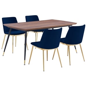Armen Living Messina 5-Piece Rectangular Velvet/Wood Dining Set in Blue/Walnut