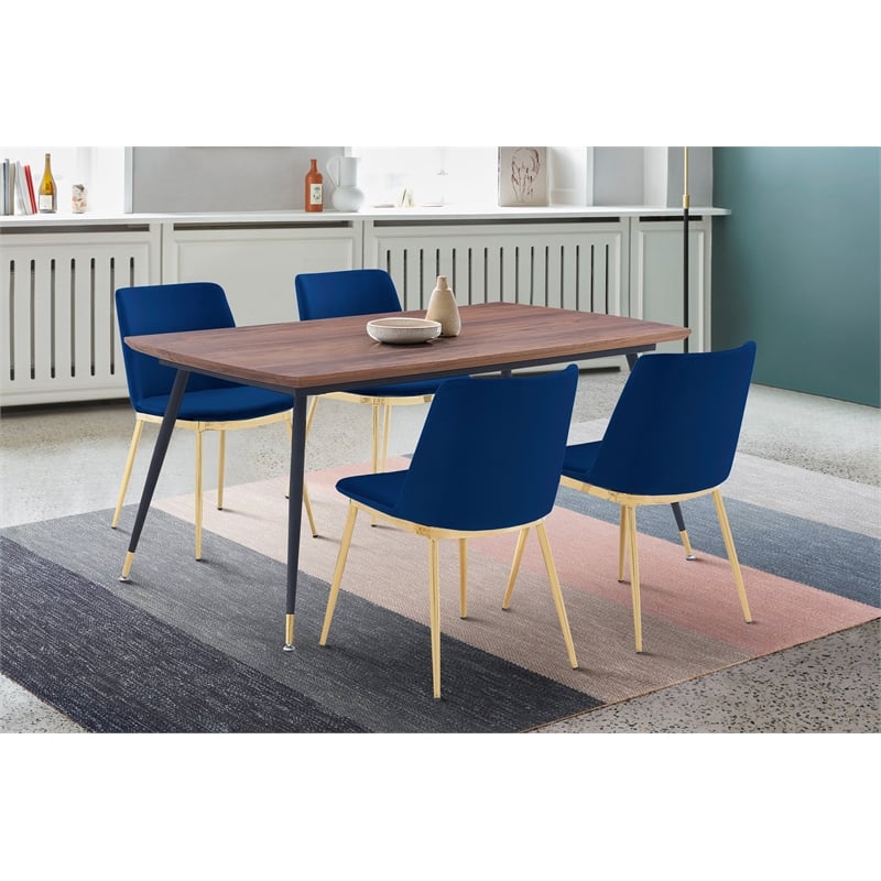 Armen Living Messina 5-Piece Rectangular Velvet/Wood Dining Set in Blue/Walnut