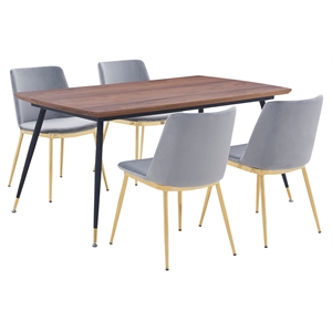 Armen Living Messina 5-Piece Rectangular Velvet/Wood Dining Set in Gray/Walnut