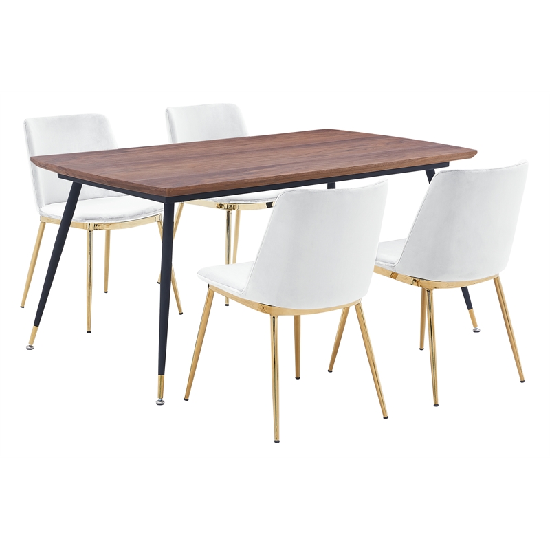 Armen Living Messina 5-Piece Rectangular Velvet/Wood Dining Set in White/Walnut