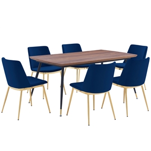 Armen Living Messina 7-Piece Rectangular Velvet/Wood Dining Set in Blue/Walnut