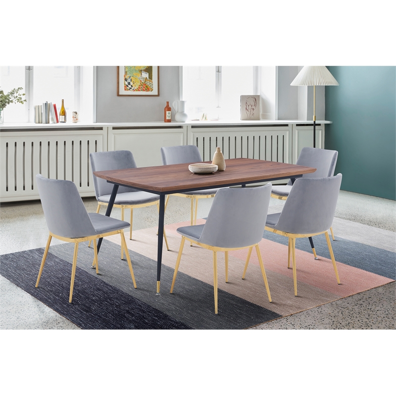 Armen Living Messina 7-Piece Rectangular Velvet/Wood Dining Set in Gray/Walnut