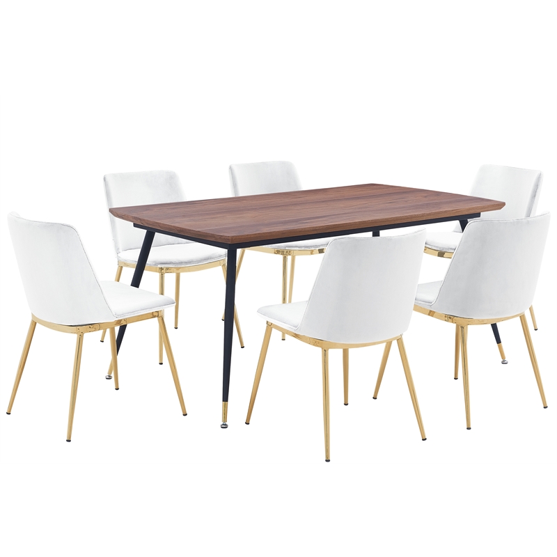Armen Living Messina 7-Piece Rectangular Velvet/Wood Dining Set in White/Walnut