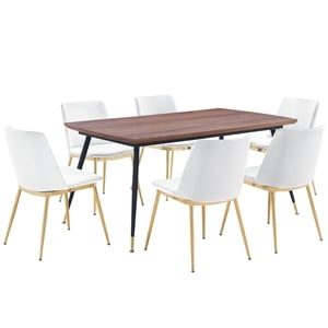 Armen Living Messina 7-Piece Rectangular Velvet/Wood Dining Set in White/Walnut