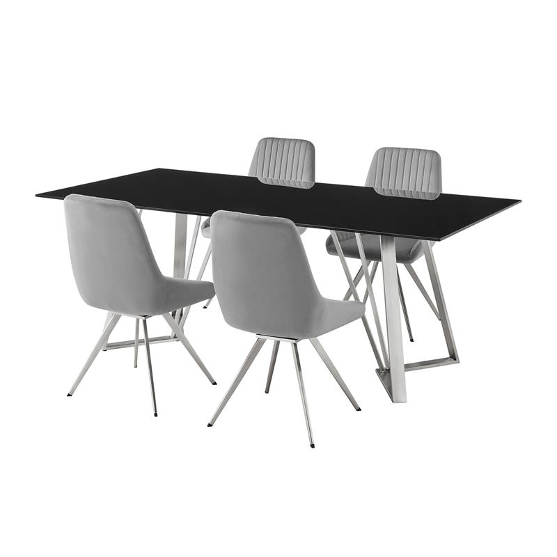 Armen Living Cressida and Skye 5-Piece Fabric/Glass Dining Set in Gray/Black