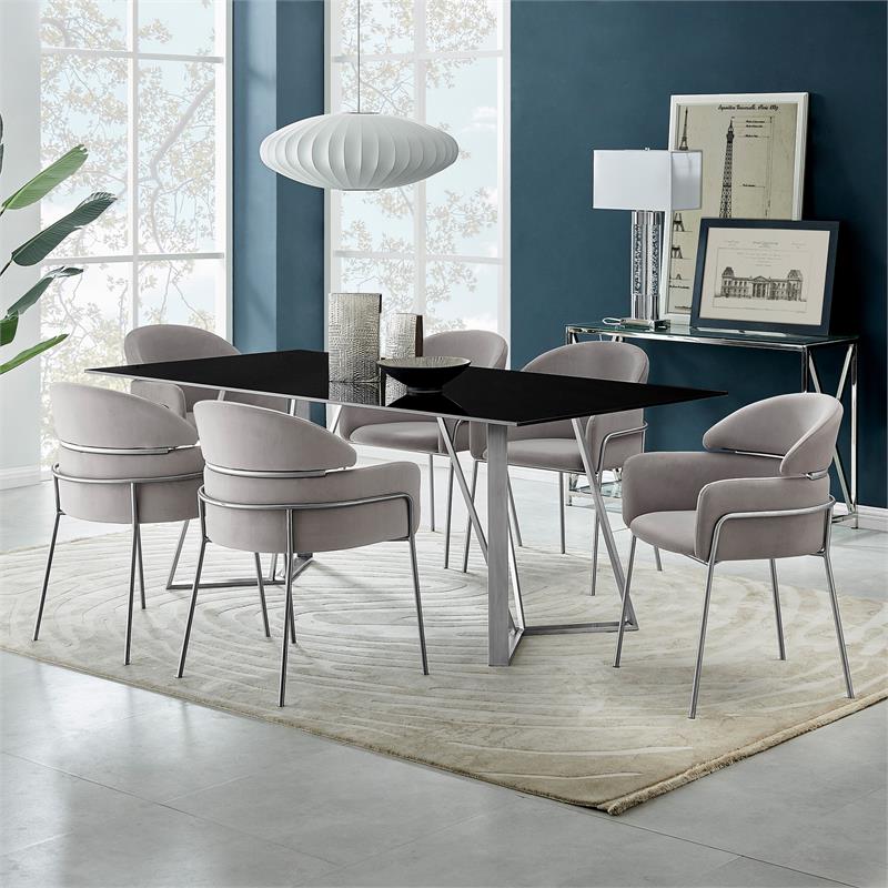 Armen Living Cressida and Portia 7-Piece Fabric/Glass Dining Set in Gray/Black