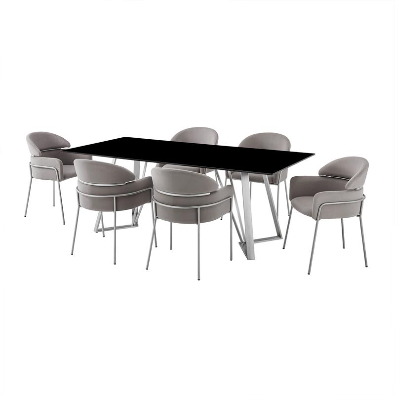 Armen Living Cressida and Portia 7-Piece Fabric/Glass Dining Set in Gray/Black