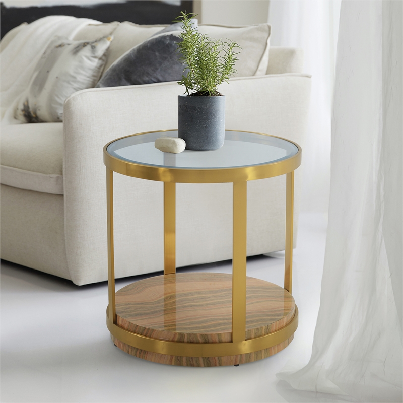 Armen Living Hattie Modern Metal/Glass End Table in Light Espresso/Gold