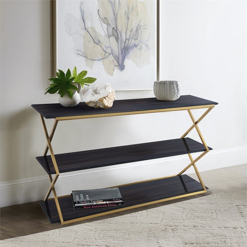 Armen Living Westlake 3-Tier Wood & Metal Console Table in Dark Brown/Gold