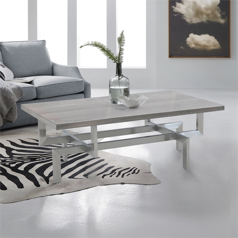 Armen Living Illusion Stainless Steel and Wood Coffee Table in Chrome/Gray