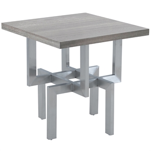 illusion gray wood end table with brushed stainless steel base