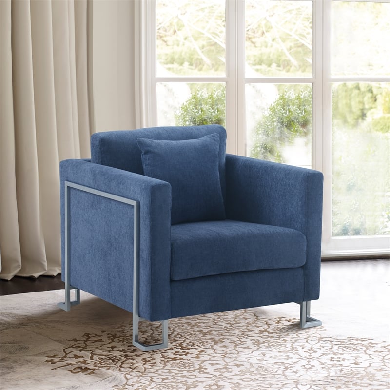 Armen Living Heritage Upholstered Fabric Accent Chair in Blue/Stainless Steel