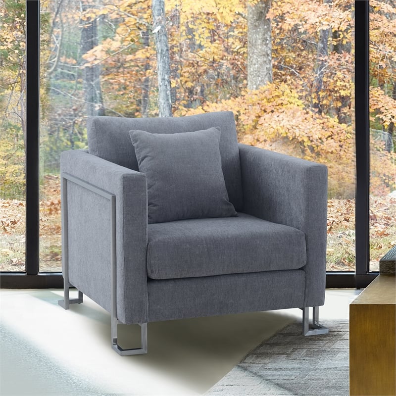 Armen Living Heritage Upholstered Fabric Accent Chair in Gray/Stainless Steel