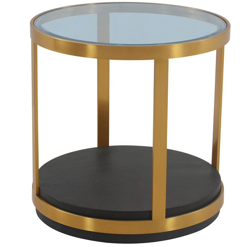 Hattie Glass Top and Walnut Wood End Table with Brushed Gold Frame