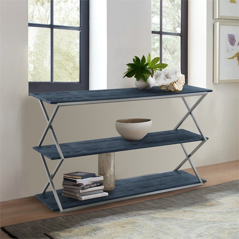 Armen Living Westlake 3-Tier Wood & Metal Console Table in Black/Stainless Steel