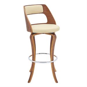 Armen Living Grady 30&quot Faux Leather & Wood Swivel Bar Stool in Cream/Walnut