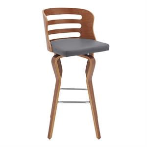 Armen Living Verne 30&quot Faux Leather & Wood Swivel Bar Stool in Gray/Walnut