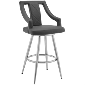 Armen Living Maxen 30&quot Modern Faux Leather & Metal Swivel Bar Stool in Gray