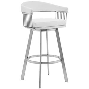 Armen Living Chelsea 26&quot Faux Leather/Metal Swivel Counter Stool in White/Steel