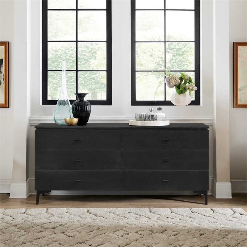 Armen Living Legend 6-Drawer Modern Wood Dresser with Metal Legs in Black