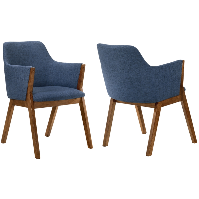 Armen Living Renzo Wood/Fabric Dining Side Chairs in Blue/Walnut (Set of 2)