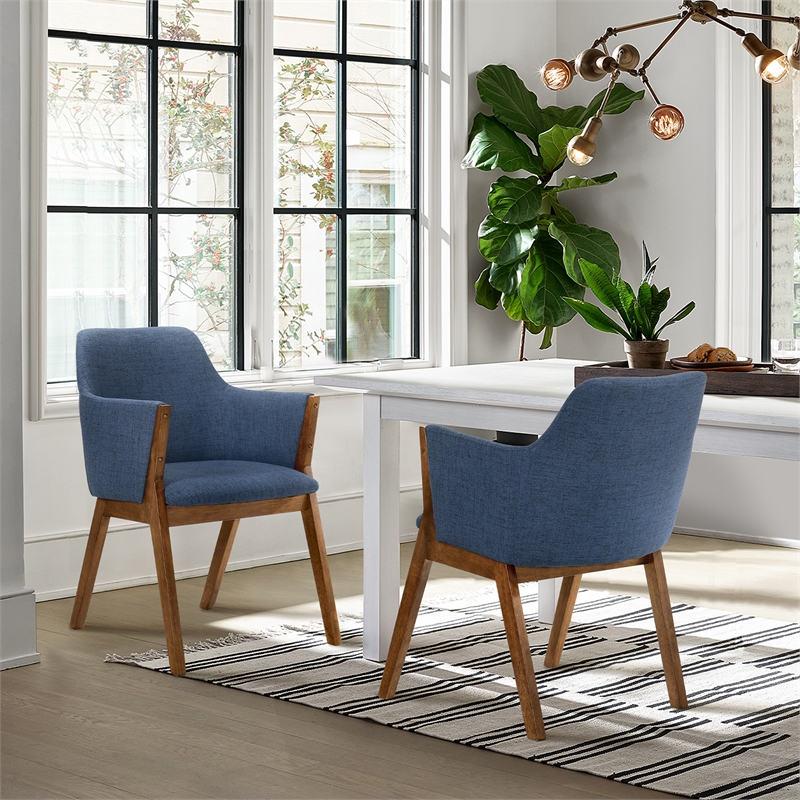 Armen Living Renzo Wood/Fabric Dining Side Chairs in Blue/Walnut (Set of 2)