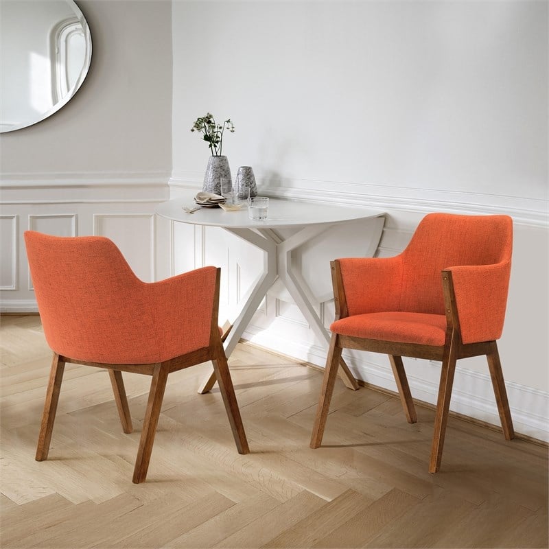 Armen Living Renzo Wood/Fabric Dining Side Chairs in Orange/Walnut (Set of 2)