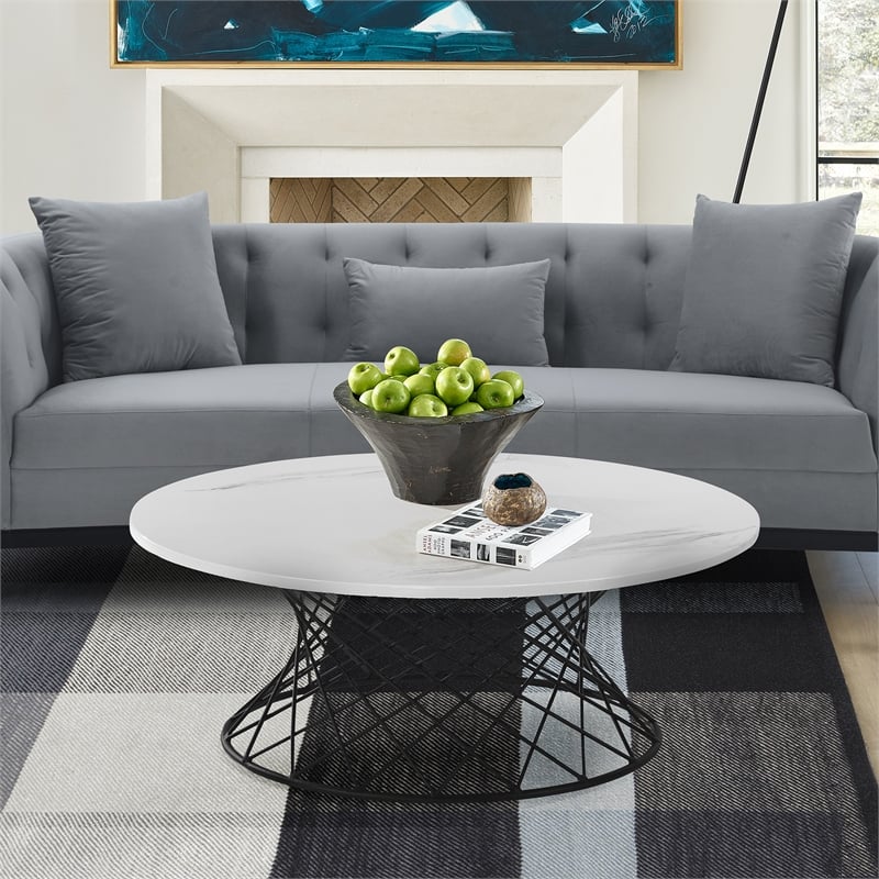 Armen Living Loxley Modern Metal/Marble Coffee Table in White marble/Black