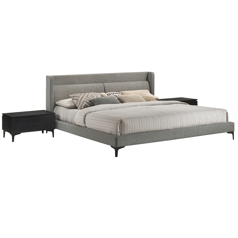 Armen Living Legend 3-Piece Fabric & Wood King Bedroom Set in Gray/Black