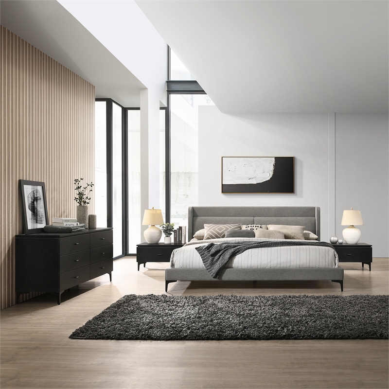 Armen Living Legend 4-Piece Fabric & Wood King Bedroom Set in Gray/Black