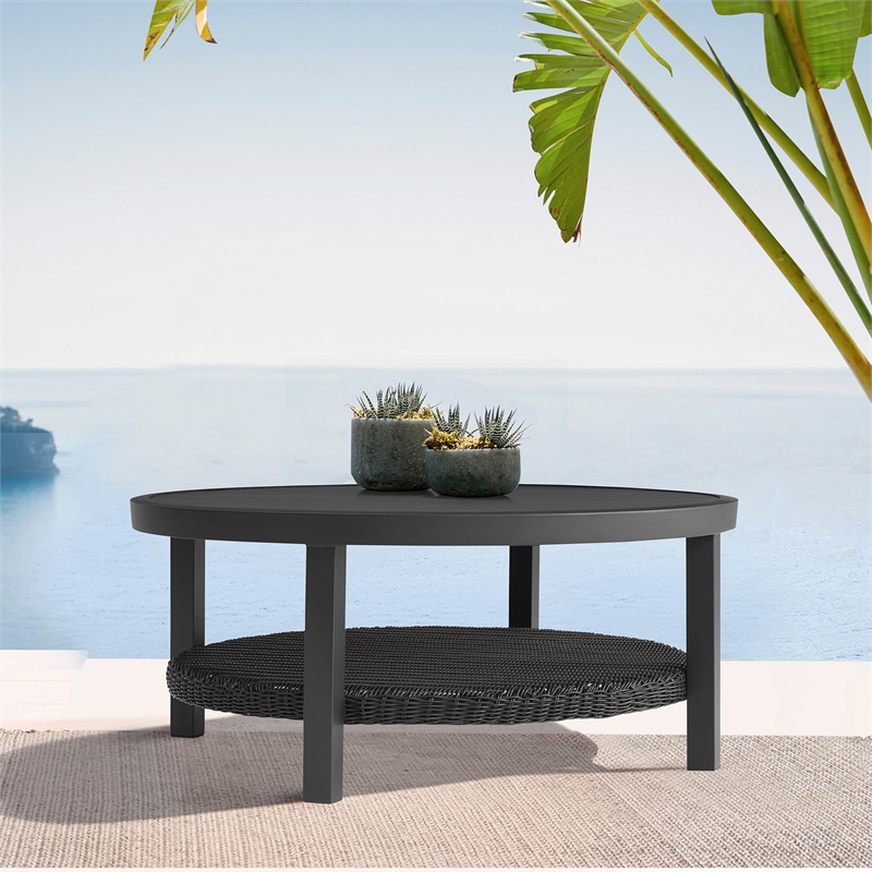 Armen Living Cayman Aluminum Outdoor Round Conversation Table in Black