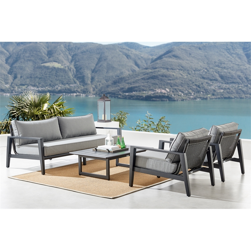 Armen Living Cayman 4-Piece Aluminum Outdoor Seating Set in Black/Dark Gray