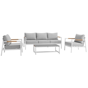 Armen Living Crown 4-Piece Aluminum and Teak Outdoor Seating Set in White