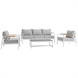 Armen Living Crown 4-Piece Aluminum and Teak Outdoor Seating Set in White
