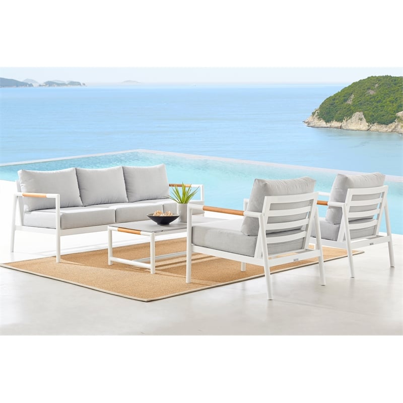 Armen Living Crown 4-Piece Aluminum and Teak Outdoor Seating Set in White