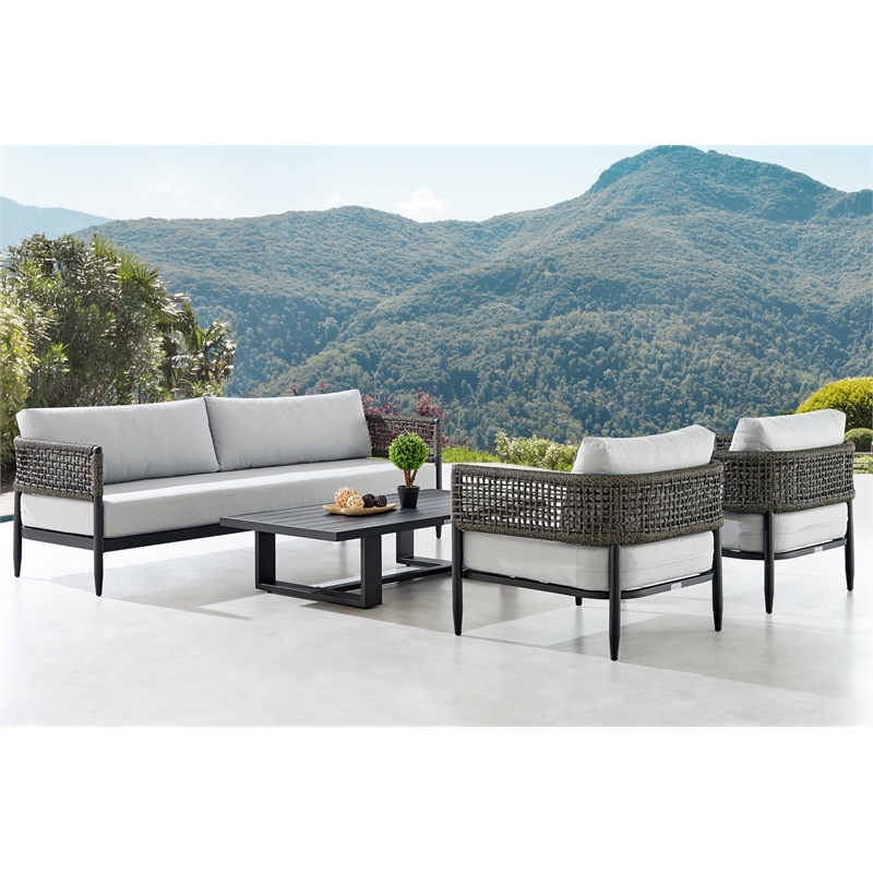 Armen Living Alegria 4-Piece Outdoor Aluminum & Rope Conversation Set in Black