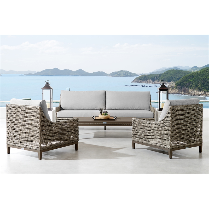 Armen Living Grenada 4-Piece Outdoor Fabric and Wicker Conversation Set in Gray