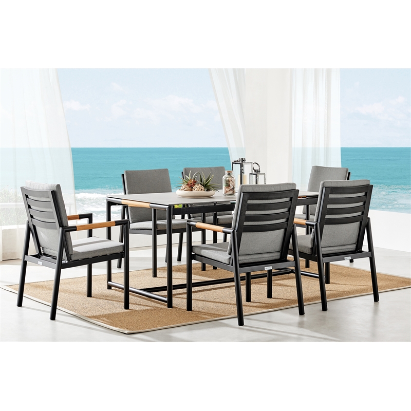 Armen Living Crown 7-Piece Fabric Outdoor Dining Set in Black/Dark Gray