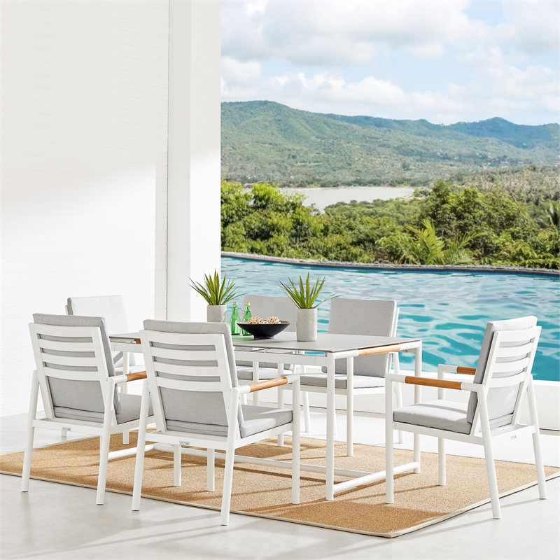 Armen Living Crown 7-Piece Fabric Outdoor Dining Set in White/Light Gray