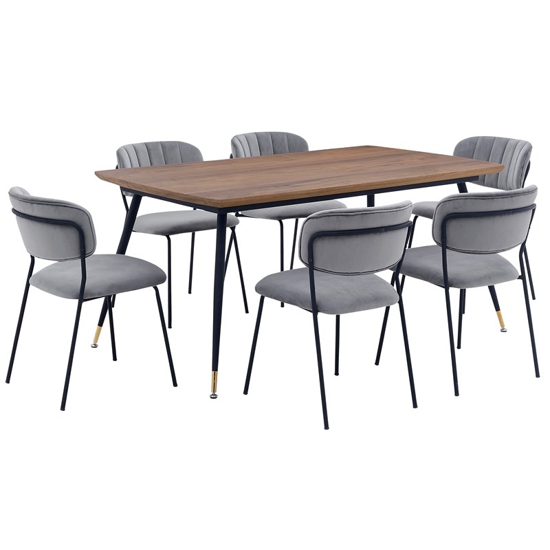Armen Living Messina and Carlo 7-Piece Modern Velvet Dining Set in Gray/Walnut