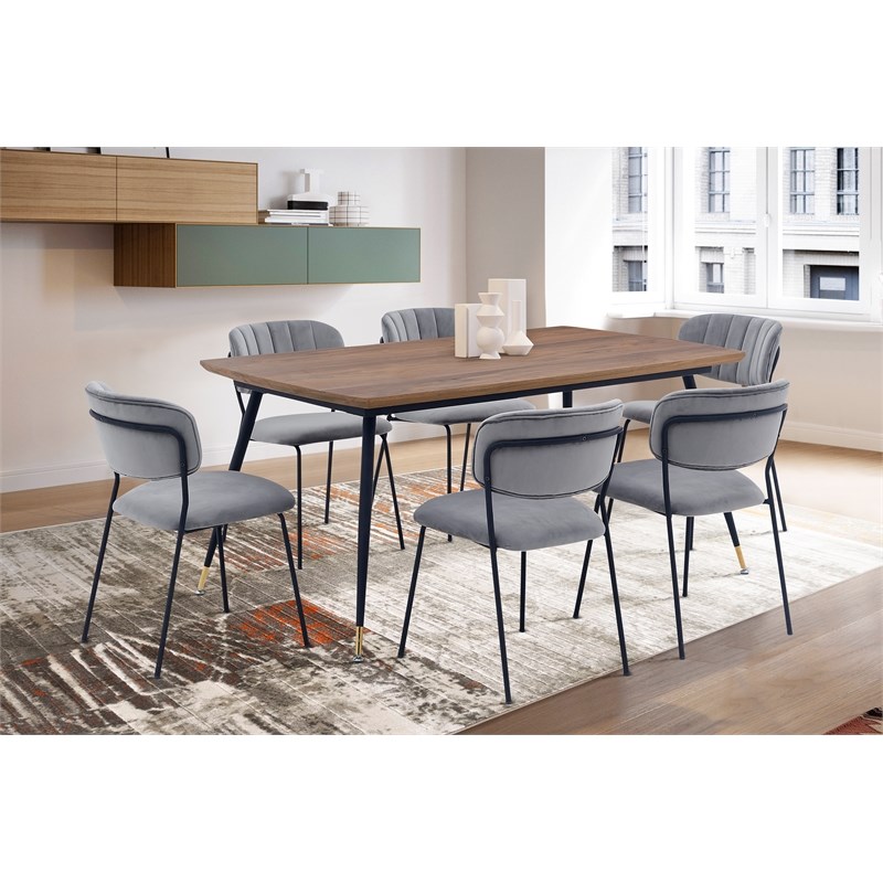 Armen Living Messina and Carlo 7-Piece Modern Velvet Dining Set in Gray/Walnut
